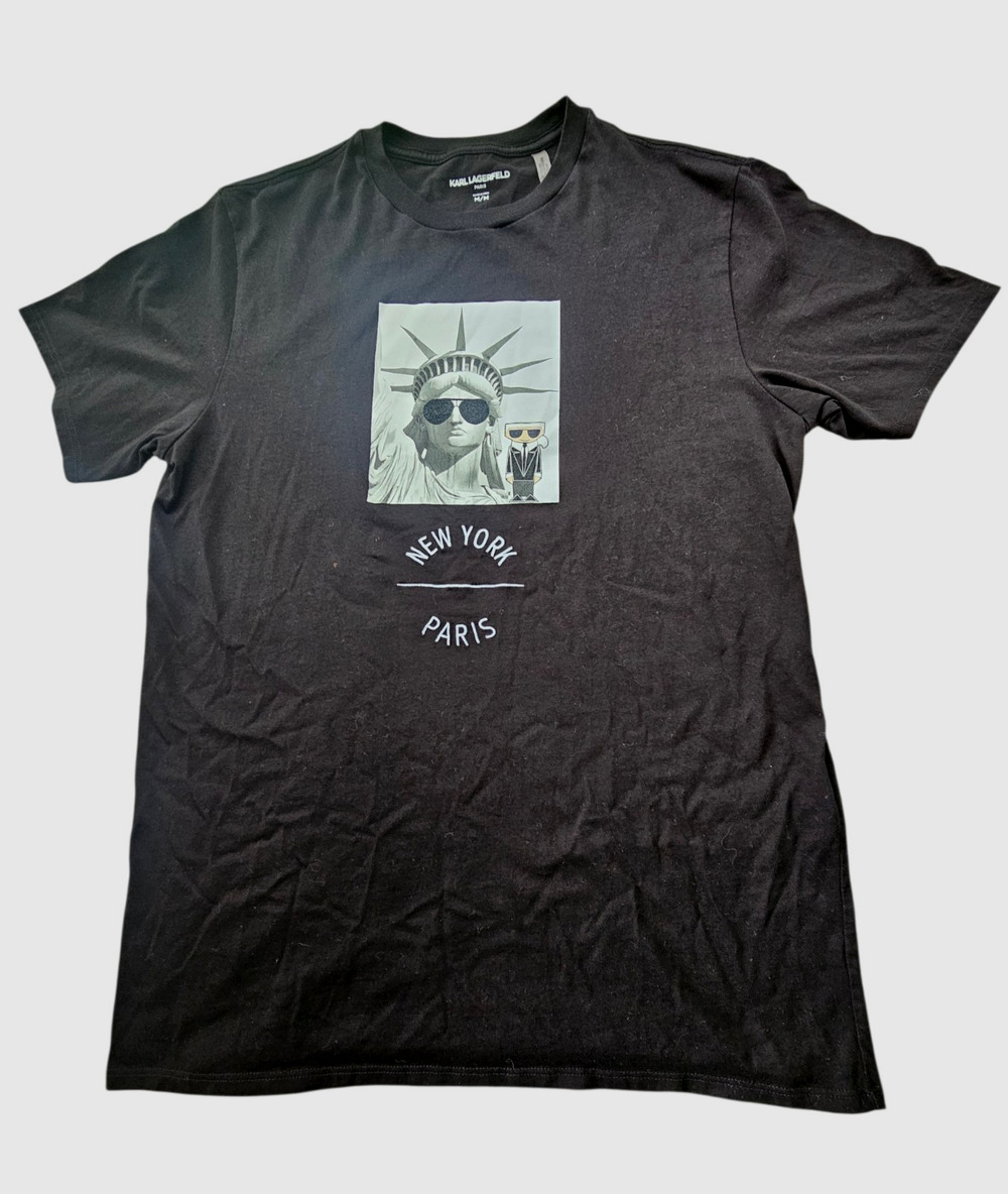 Karl Lagerfeld Shirt Mens Unisex Black Statue of Liberty NY Paris T-Shirt Sz M